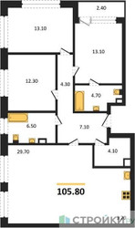 Планировка трехкомнатной(квартира) площадью 105.8 квадратных метров в ЖК “Квартал Филатов луг”