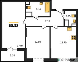 Планировка двухкомнатной(квартира) площадью 60.38 квадратных метров в “ЖК Светлый мир Станция Л”