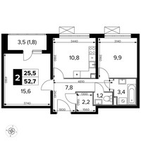 Планировка двухкомнатной(квартира) площадью 52.7 квадратных метров в “ЖК ЮЖНАЯ БИТЦА”