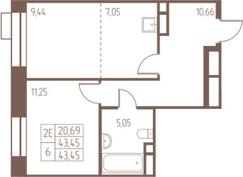 Планировка двухкомнатной(квартира) площадью 43.5 квадратных метров в ЖК “ЖК Западная Ивантеевка”
