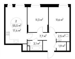 Планировка двухкомнатной(квартира) площадью 55.5 квадратных метров в “ЖК Первый Московский”