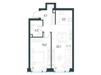 Планировка двухкомнатной(квартира) площадью 50.7 квадратных метров в ЖК “ЖК Левел Мичуринский”