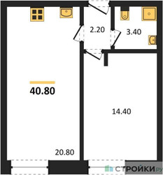 Планировка однокомнатной(квартира) площадью 40.8 квадратных метров в ЖК “ЖК ЗИЛАРТ”