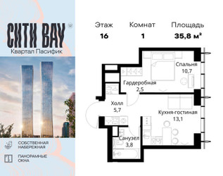 Планировка однокомнатной(квартира) площадью 35.8 квадратных метров в ЖК “ЖК Сити Бэй”