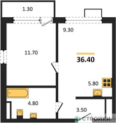 Планировка однокомнатной(квартира) площадью 36.4 квадратных метров в ЖК “ЖК Южные сады”