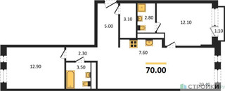 Планировка двухкомнатной(квартира) площадью 70 квадратных метров в “ЖК Новая Щербинка”