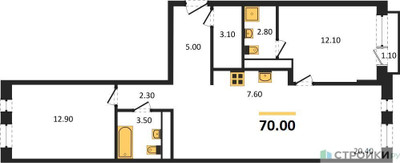 Планировка двухкомнатной(квартира) площадью 70 квадратных метров в ЖК “ЖК Новая Щербинка”