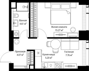 Планировка однокомнатной(квартира) площадью 36.91 квадратных метров в ЖК “ЖК Веер”