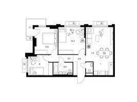 Планировка трехкомнатной(квартира) площадью 74.3 квадратных метров в “ЖК Белая Дача парк”