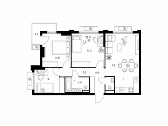 Планировка трехкомнатной(квартира) площадью 74.3 квадратных метров в ЖК “ЖК Белая Дача парк”