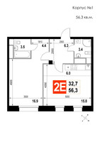 Планировка двухкомнатной(квартира) площадью 56.3 квадратных метров в “ЖК Мытищи Сити”