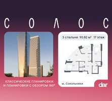Планировка трехкомнатной(квартира) площадью 90.82 квадратных метров в “ЖК Солос”