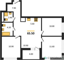 Планировка трехкомнатной(квартира) площадью 65.5 квадратных метров в “ЖК Дзен-кварталы”