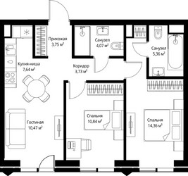 Планировка двухкомнатной(квартира) площадью 60.22 квадратных метров в ЖК “ЖК Джойс”