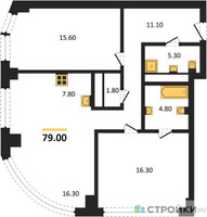 Планировка двухкомнатной(квартира) площадью 79 квадратных метров в “ЖК Родина Парк”
