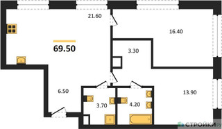 Планировка двухкомнатной(квартира) площадью 69.5 квадратных метров в “ЖК SOUL (СОУЛ)”