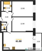 Планировка двухкомнатной(квартира) площадью 61.8 квадратных метров в “ЖК Одинцовские кварталы”