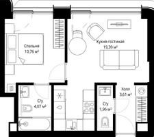 Планировка однокомнатной(квартира) площадью 39.3 квадратных метров в “ЖК Сити Бэй”