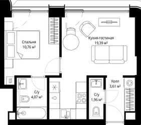 Планировка однокомнатной(квартира) площадью 39.3 квадратных метров в ЖК “ЖК Сити Бэй”