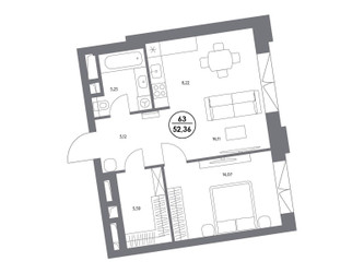 Планировка однокомнатной(квартира) площадью 52.4 квадратных метров в ЖК “ЖК Клубный дом КОСМО 4/22”
