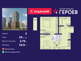 Планировка двухкомнатной(квартира) площадью 34.9 квадратных метров в “ЖК Героев”
