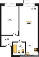 Планировка однокомнатной(квартира) площадью 45.02 квадратных метров в “ЖК Новоград Павлино”