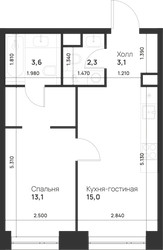 Планировка однокомнатной(квартира) площадью 37.1 квадратных метров в ЖК “ЖК Войс”