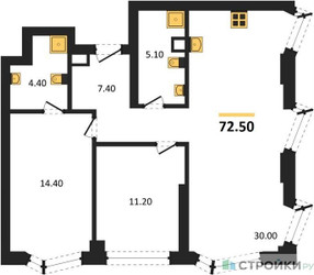 Планировка двухкомнатной(квартира) площадью 72.5 квадратных метров в ЖК “ЖК Айс Тауэрс”