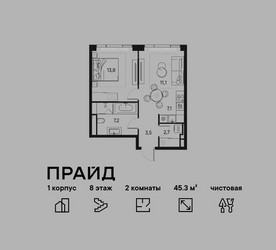 Планировка двухкомнатной(квартира) площадью 45.3 квадратных метров в ЖК “ЖК PRIDE (Прайд)”
