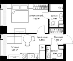 Планировка однокомнатной(квартира) площадью 35.2 квадратных метров в “ЖК Веер”
