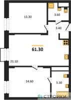 Планировка двухкомнатной(квартира) площадью 61.3 квадратных метров в “ЖК Резиденции Сколково”