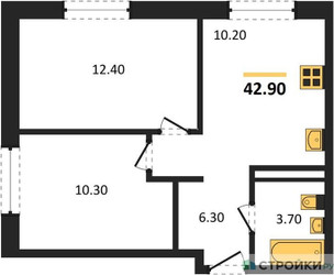 Планировка двухкомнатной(квартира) площадью 42.9 квадратных метров в ЖК “ЖК Ольховый Квартал”