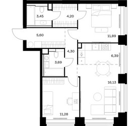 Планировка двухкомнатной(квартира) площадью 66.93 квадратных метров в ЖК “ЖК НОВА”