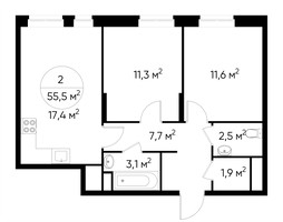 Планировка двухкомнатной(квартира) площадью 55.5 квадратных метров в “ЖК Первый Московский”