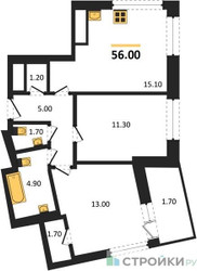 Планировка двухкомнатной(квартира) площадью 56 квадратных метров в ЖК “ЖК Рассказово”