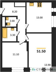 Планировка двухкомнатной(квартира) площадью 51.5 квадратных метров в ЖК “ЖК Первый Московский”