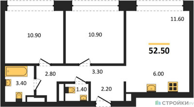 Планировка двухкомнатной(квартира) площадью 52.5 квадратных метров в “ЖК Мангазея в Богородском”