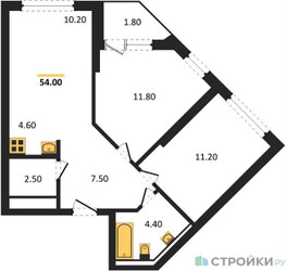 Планировка двухкомнатной(квартира) площадью 54.33 квадратных метров в ЖК “ЖК Sky Sputnik (Скай Спутник)”