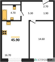 Планировка однокомнатной(квартира) площадью 45.9 квадратных метров в “ЖК Мангазея на Речном”