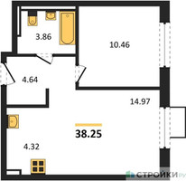 Планировка однокомнатной(квартира) площадью 38.25 квадратных метров в “ЖК Мытищи Парк”