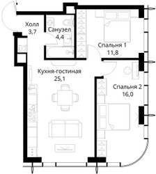 Планировка двухкомнатной(квартира) площадью 61 квадратных метров в ЖК “ЖК Сити Бэй”