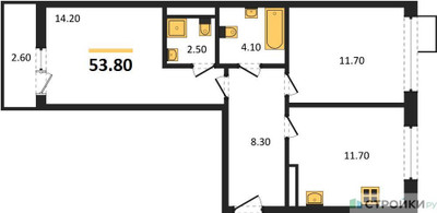 Планировка двухкомнатной(квартира) площадью 53.8 квадратных метров в ЖК “ЖК Родные кварталы”