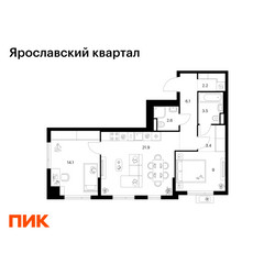 Планировка двухкомнатной(квартира) площадью 62.8 квадратных метров в ЖК “Ярославский квартал”