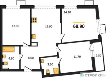Планировка трехкомнатной(квартира) площадью 68.9 квадратных метров в ЖК “ЖК Деснаречье”