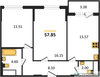 Планировка двухкомнатной(квартира) площадью 57.85 квадратных метров в ЖК “ЖК Светлый мир БиоПолис”
