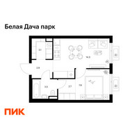 Планировка однокомнатной(квартира) площадью 34.4 квадратных метров в “ЖК Белая Дача парк”