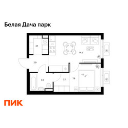 Планировка однокомнатной(квартира) площадью 34.4 квадратных метров в ЖК “ЖК Белая Дача парк”