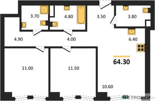 Планировка двухкомнатной(квартира) площадью 64.3 квадратных метров в “ЖК АУРА”