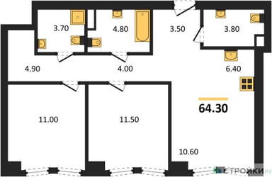 Планировка двухкомнатной(квартира) площадью 64.3 квадратных метров в ЖК “ЖК АУРА”
