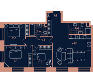 Планировка 4+ комнатной(квартира) площадью 89.3 квадратных метров в ЖК “Квартал Эра”